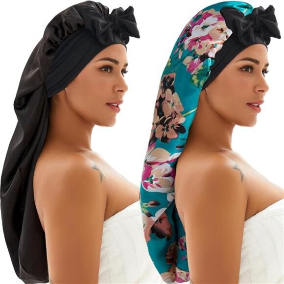 2-Pack Silk Sleep Bonnets – Black & Floral Satin with Tie Band for Curly Hair - Picture 1 of 7